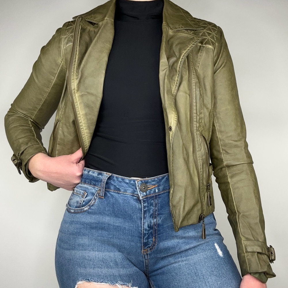 Blanc Noir army green leather jacket
